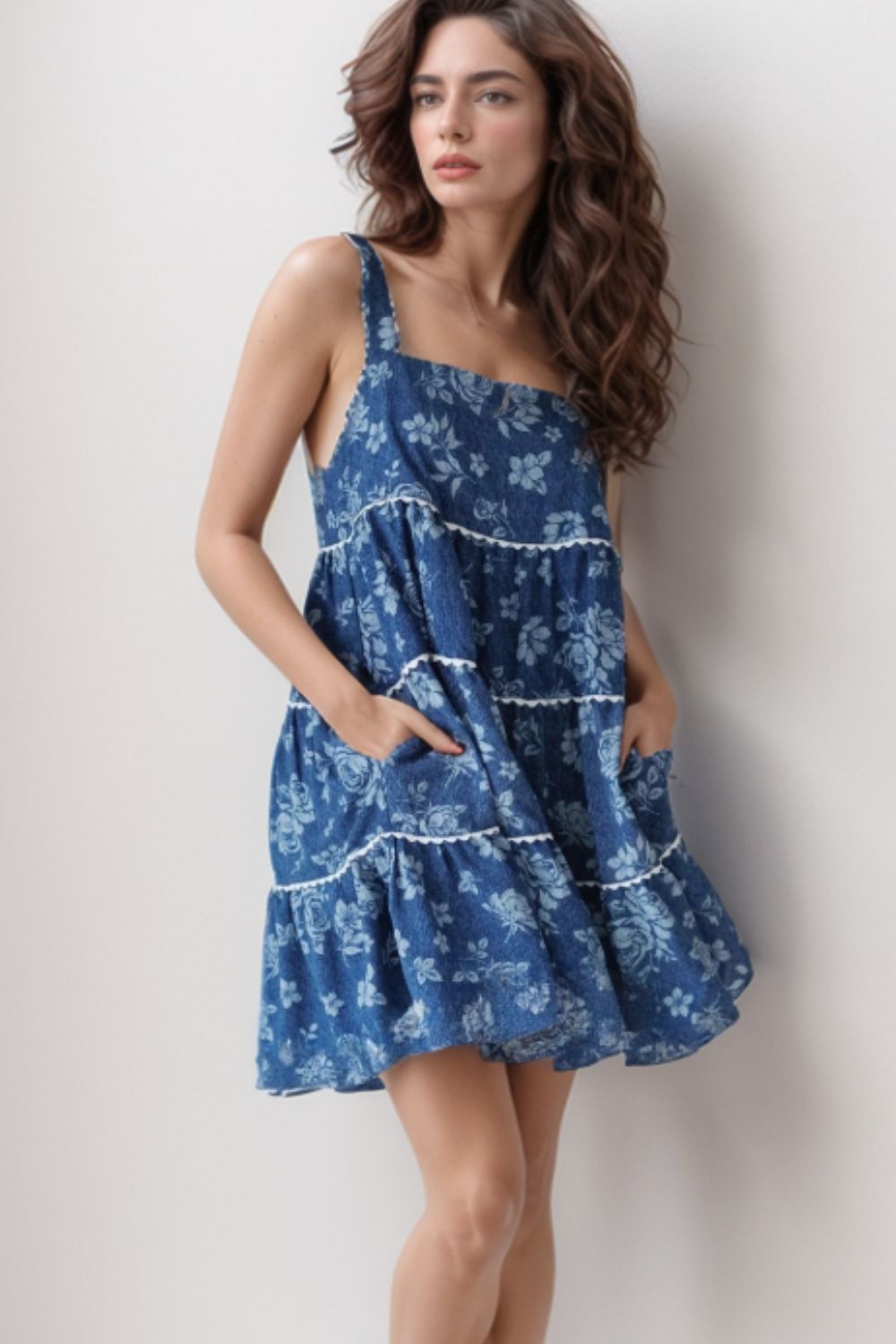 Floral Tiered Square Neck Denim Dress