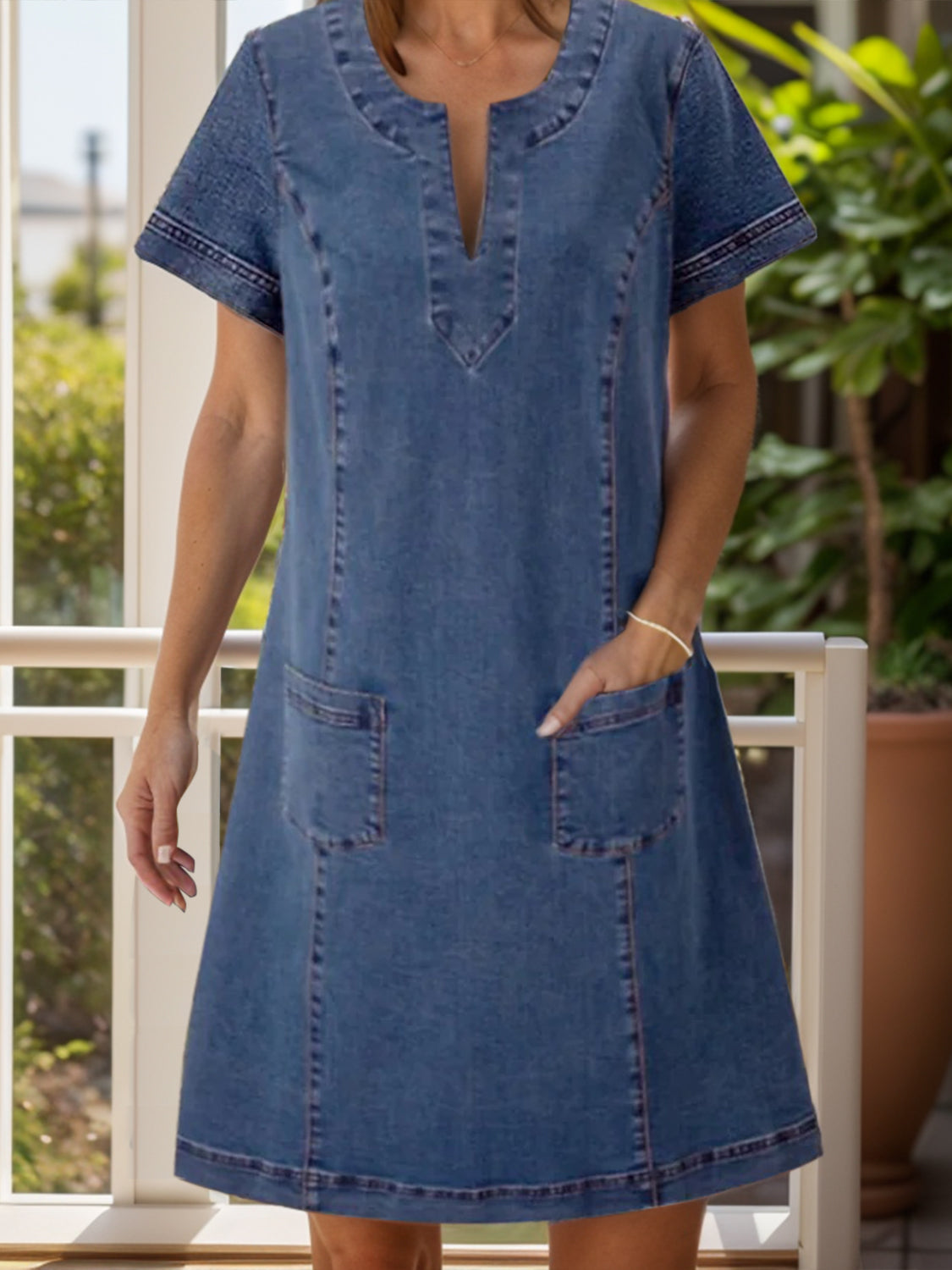 Full Size Notched Short Sleeve Denim Dress - felvior