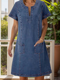 Full Size Notched Short Sleeve Denim Dress - felvior