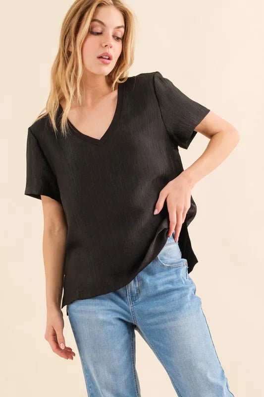 And The Why Textured Woven Short Sleeve T-Shirt - felvior