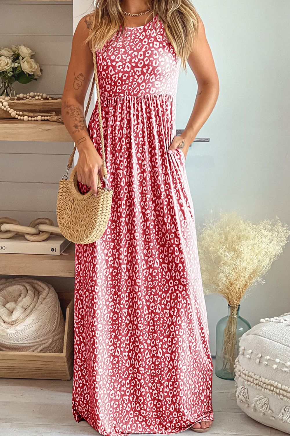Leopard Round Neck Sleeveless Maxi Dress - felvior