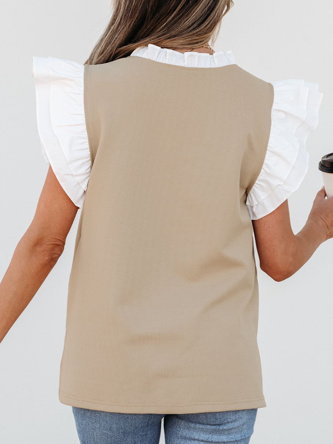 Ruffled Notched Cap Sleeve Top - felvior