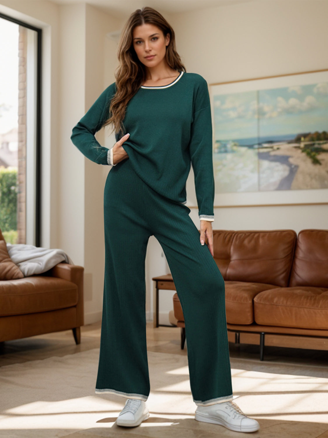 Contrast Trim Round Neck Top and Pants Sweater Set Hauptbild