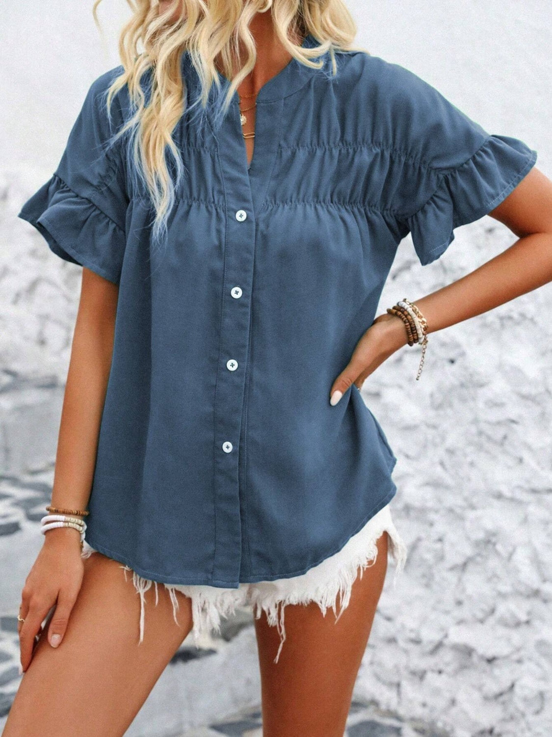 Button Down Ruffled Short Sleeve Shirt - felvior
