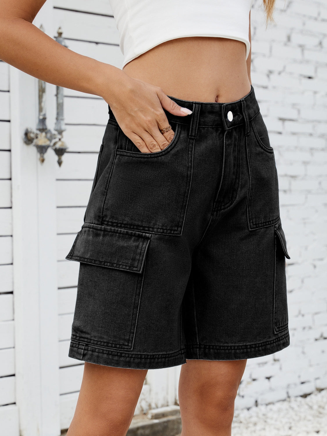High Waist Denim Shorts with Cargo Pockets - felvior