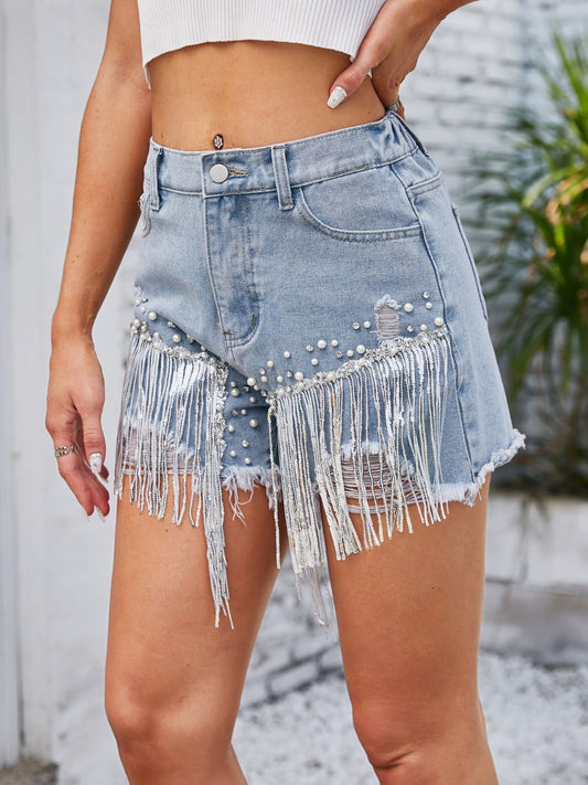 Distressed Pearl Trim Denim Shorts with Pockets - felvior
