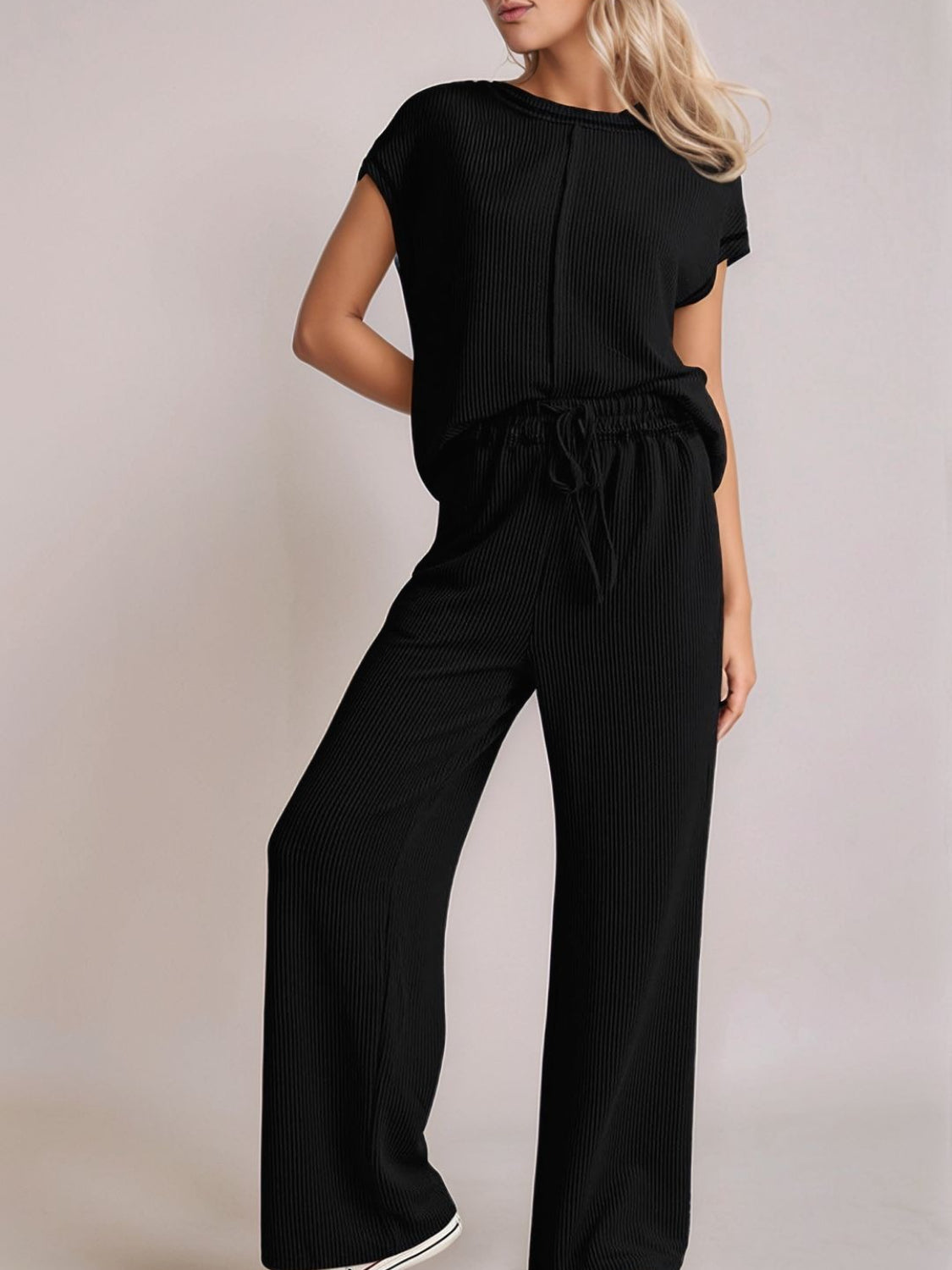 Ribbed Exposed Seam Top and Pants Set - felvior