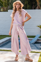 Striped Round Neck Short Sleeve Top and Pants Set