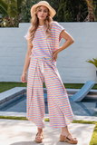 Striped Round Neck Short Sleeve Top and Pants Set - felvior
