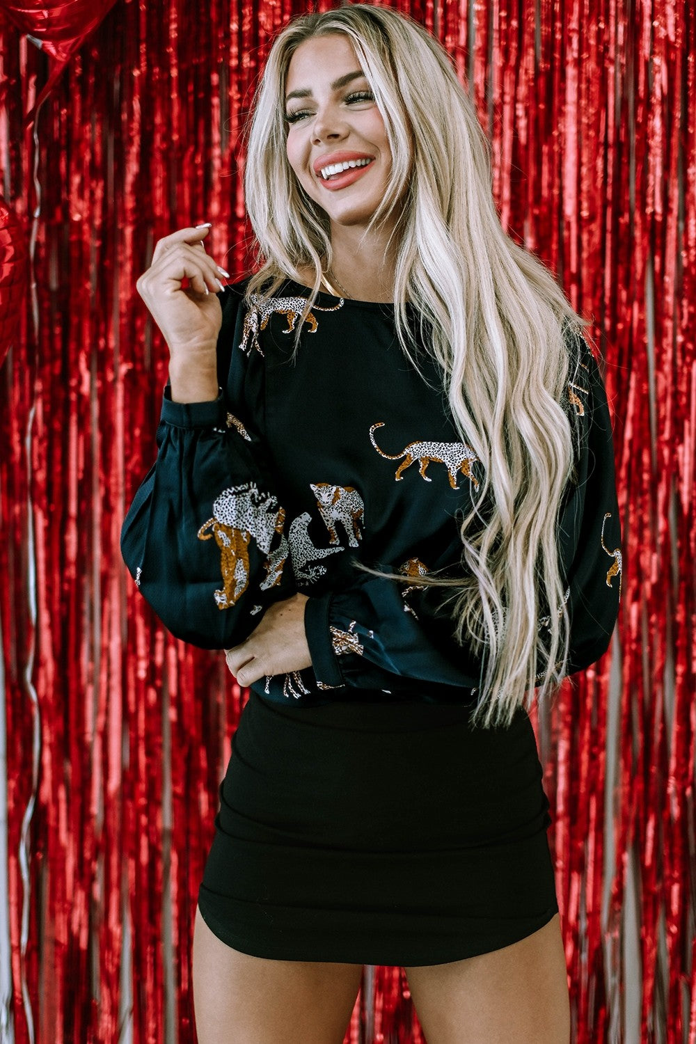 Animal Pattern Round Neck Long Sleeve Blouse - felvior