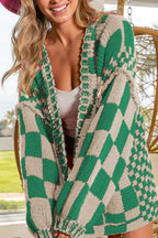 Checkered Open Front Long Sleeve Cardigan