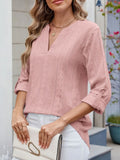 Eyelet Notched Roll-Tab Sleeve Top