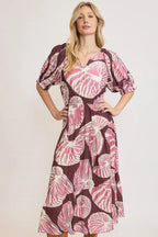 Umgee Full Size Printed Notched Puff Sleeve Midi Dress Plus Size