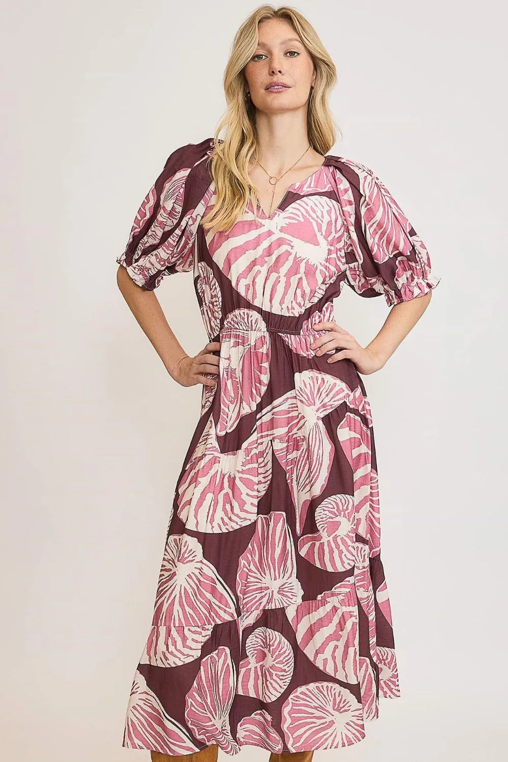 Umgee Full Size Printed Notched Puff Sleeve Midi Dress Plus Size