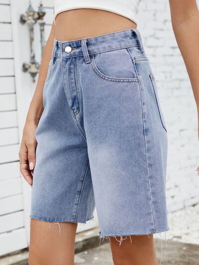 Washed Raw Hem Denim Shorts - felvior
