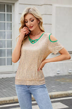 Sequin Crisscross V-Neck Cold Shoulder Blouse