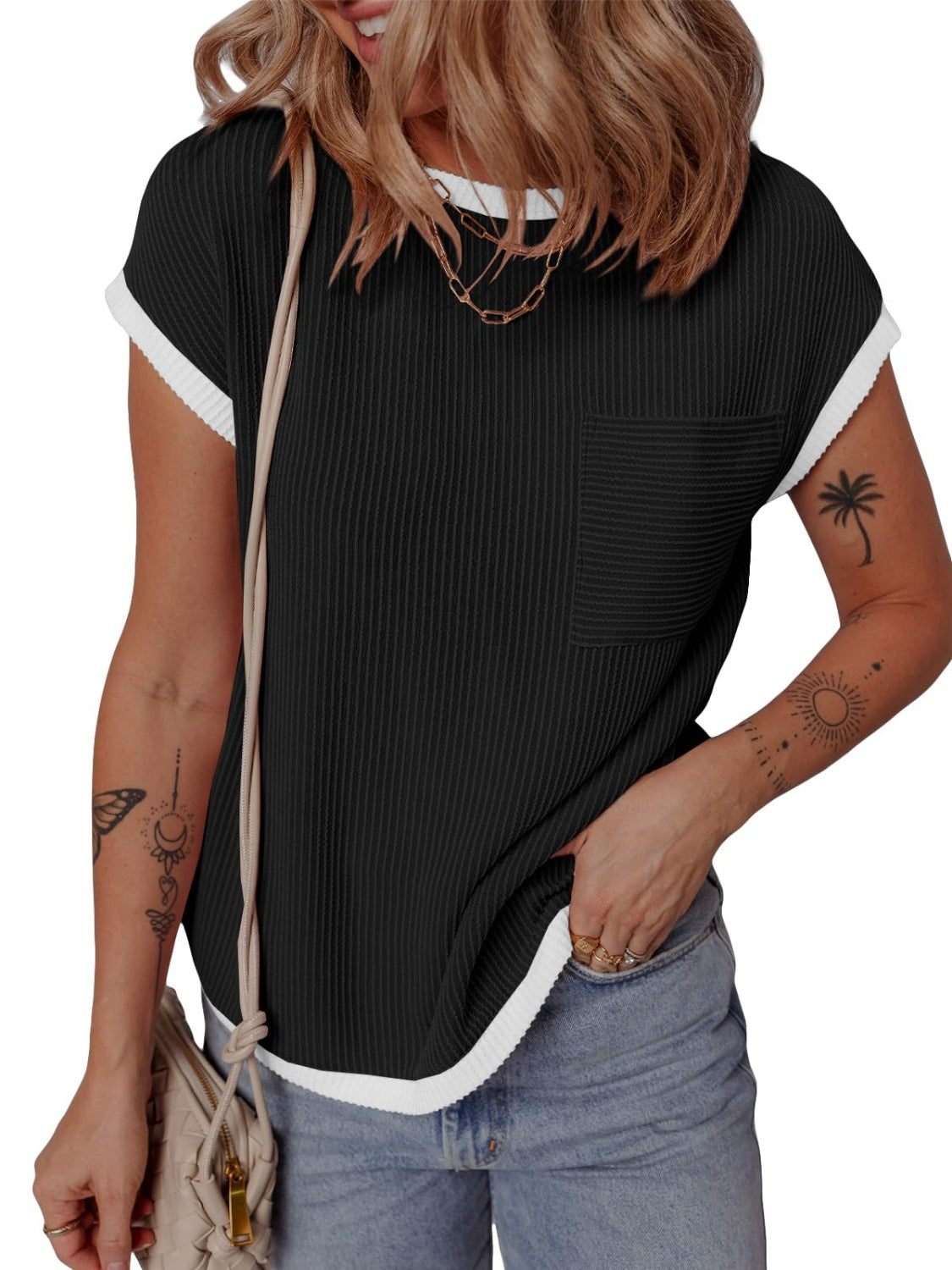 Contrast Trim Round Neck Short Sleeve T-Shirt - felvior