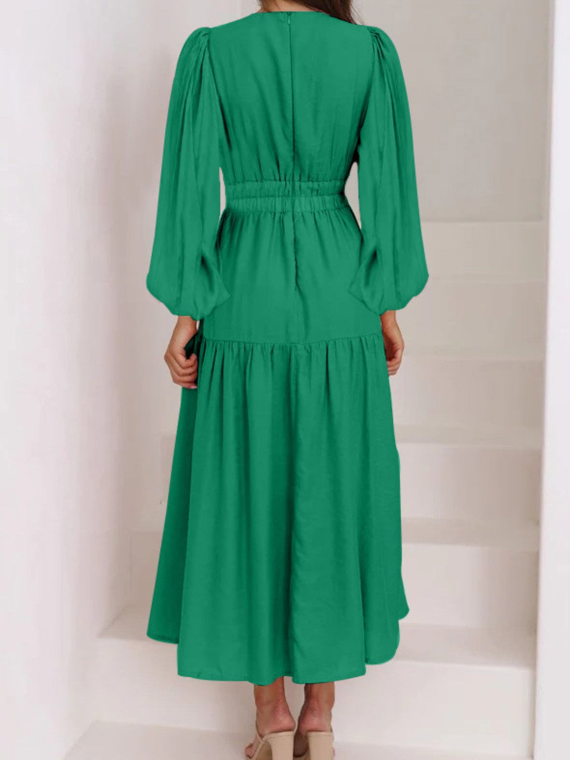 Deep V-Neck Balloon Sleeve Plain Maxi Dress - felvior