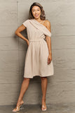 Perfee Swiss Dot Asymmetrical Neck Dress - felvior