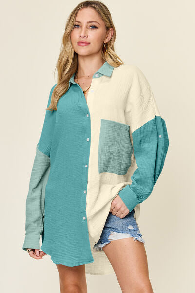 Double Take Full Size Pocketed Texture Button Up Shirt - felvior