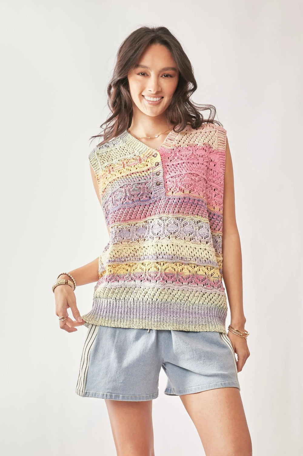 Davi & Dani Multi Color Crochet Sleeveless Knit Vest Top