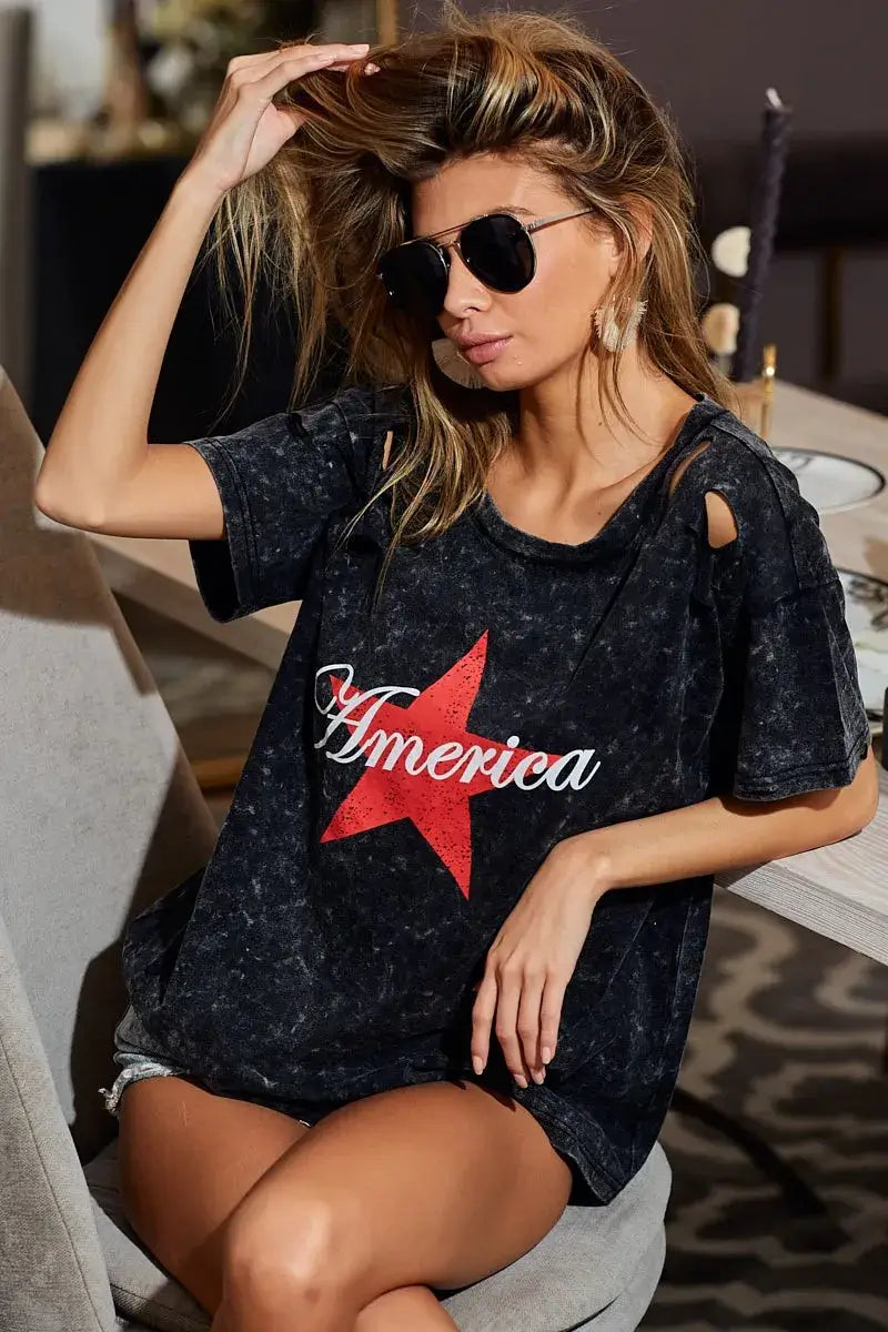 BiBi Laser Cut Mineral Washed Jersey Top with America Image principale du produit
