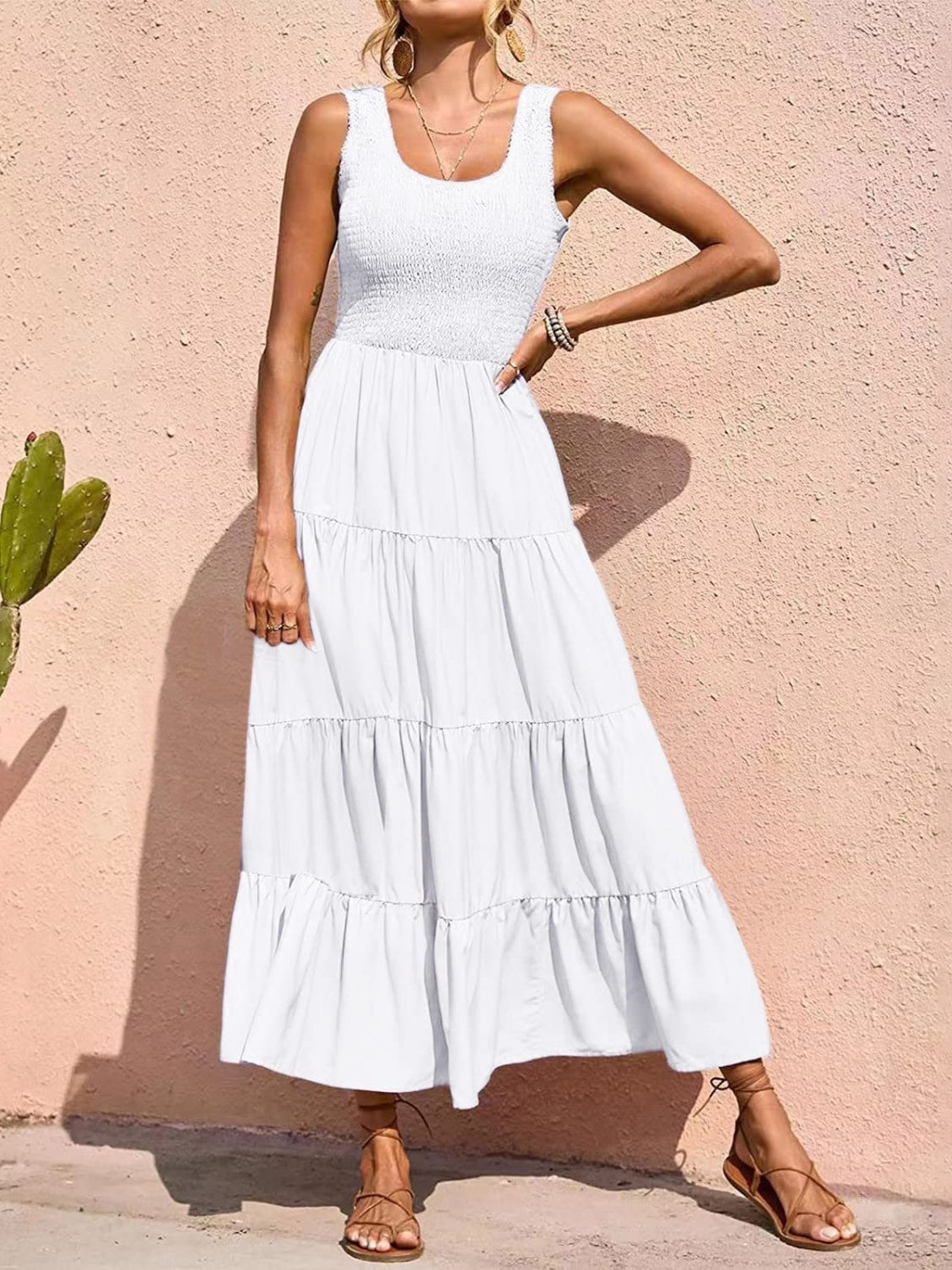 Tiered Smocked Wide Strap Dress - felvior