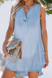 Wash Notched Sleeveless Mini Denim Dress - felvior