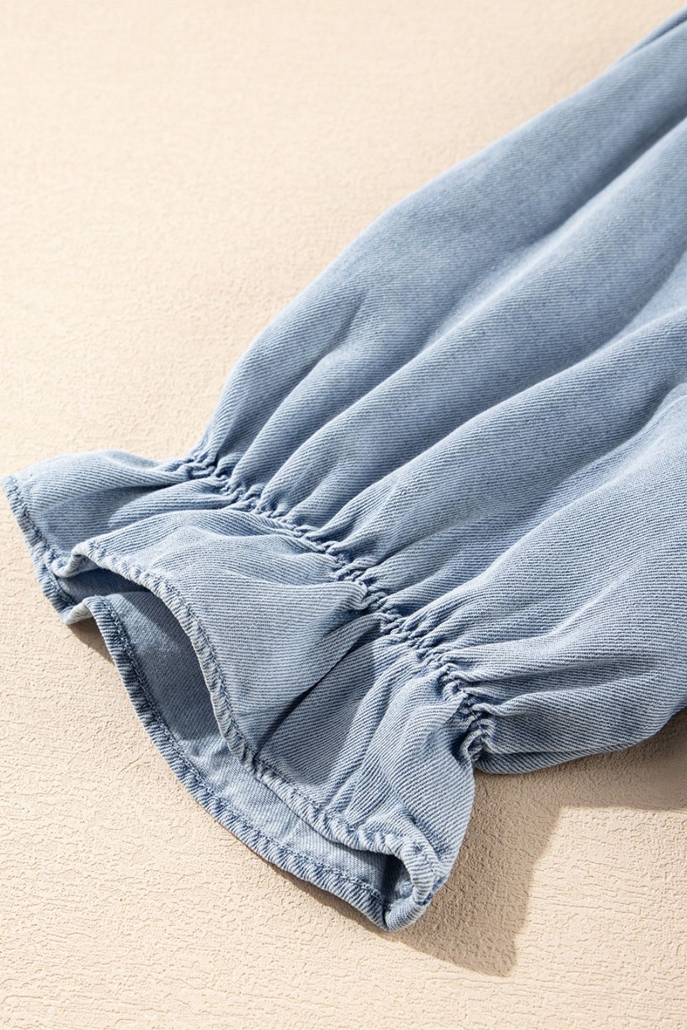 Ruffle Short Puff Sleeve Button Down Denim Shirt - felvior