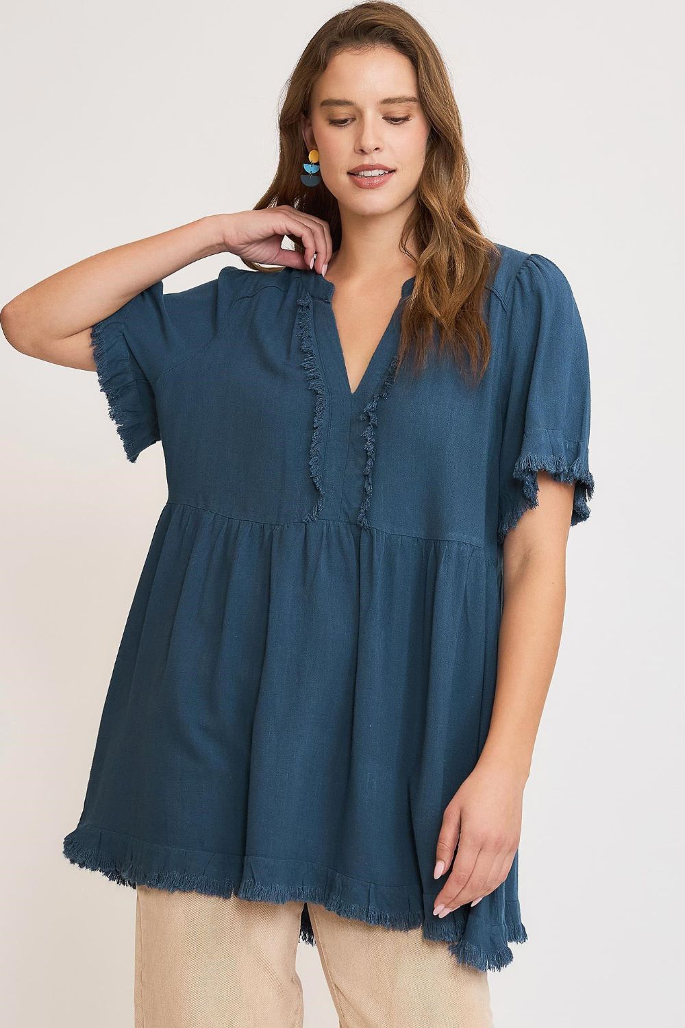 Umgee Full Size Raw Hem Notched Babydoll Linen Blouse Plus Size Main image