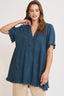 Umgee Full Size Raw Hem Notched Babydoll Linen Blouse Plus Size
