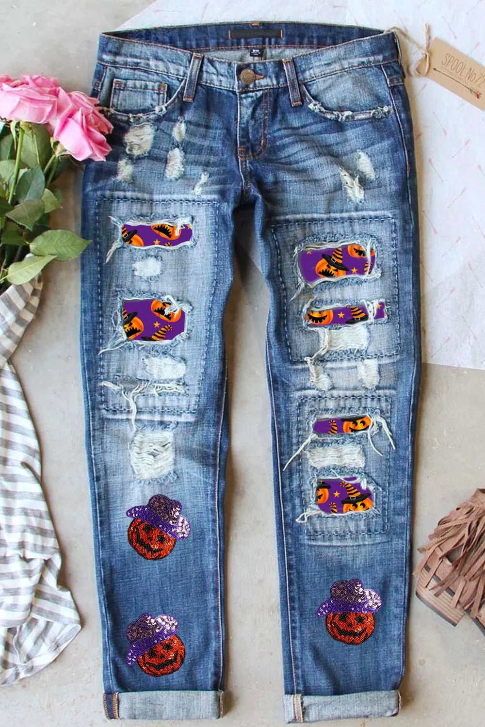 Distressed Sequin Pumpkin Jeans - felvior