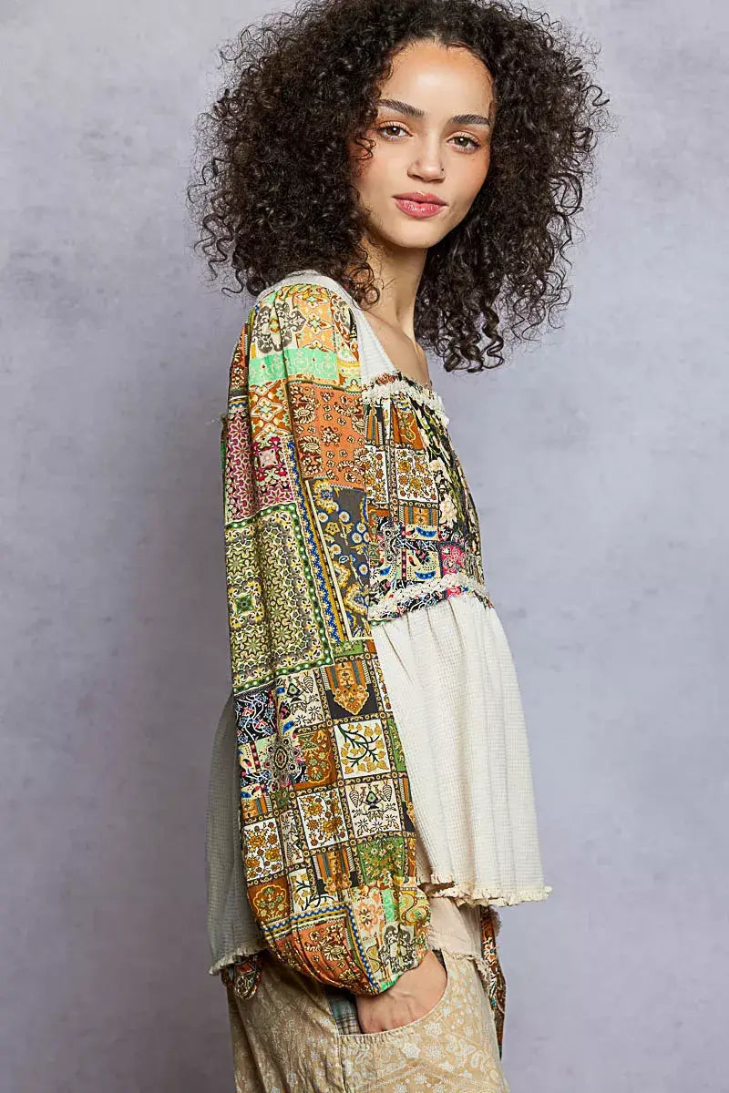 POL Balloon Sleeve Peplum Blouse with Trim Detail