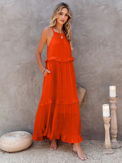 Ruffled Sleeveless Tiered Maxi Dress with Pockets - felvior