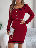 Contrast Trim Long Sleeve Sweater Dress - felvior
