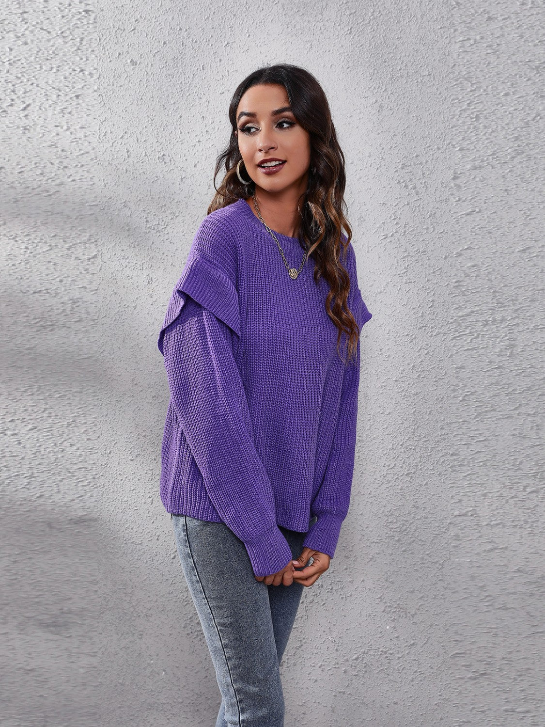 Ruffled Round Neck Dropped Shoulder Sweater - felvior