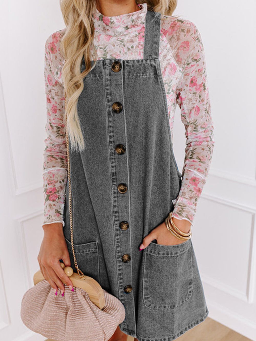 Wide Strap Button Down Denim Overall Dress - felvior