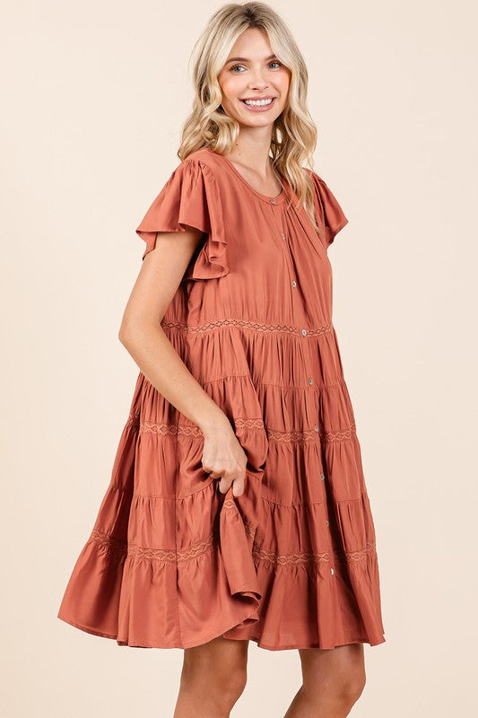 Mittoshop Lace Detail Ruffled Button Down Tiered Dress - felvior