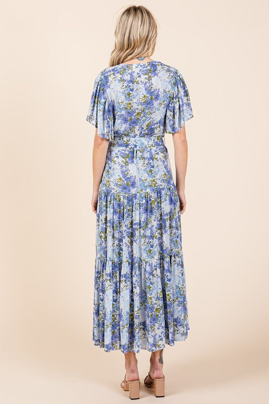Mittoshop Floral Tie Waist Flutter Sleeve Tiered Dress - felvior