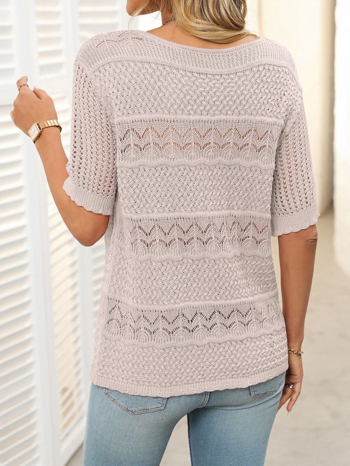 Openwork Round Neck Half Sleeve Knit Top - felvior