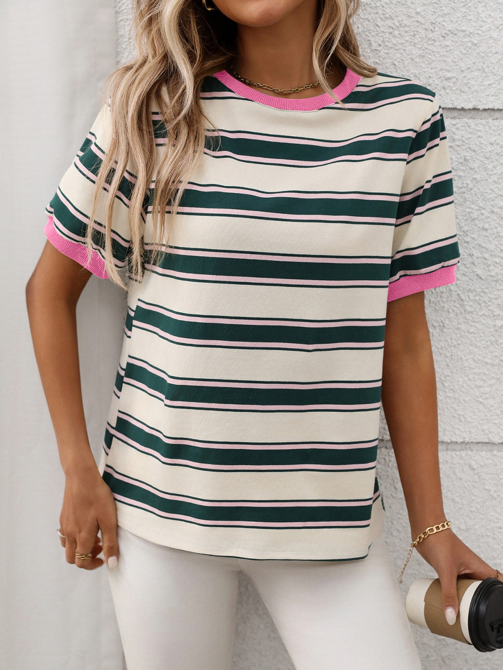 Contrast Striped Round Neck Short Sleeve T-Shirt