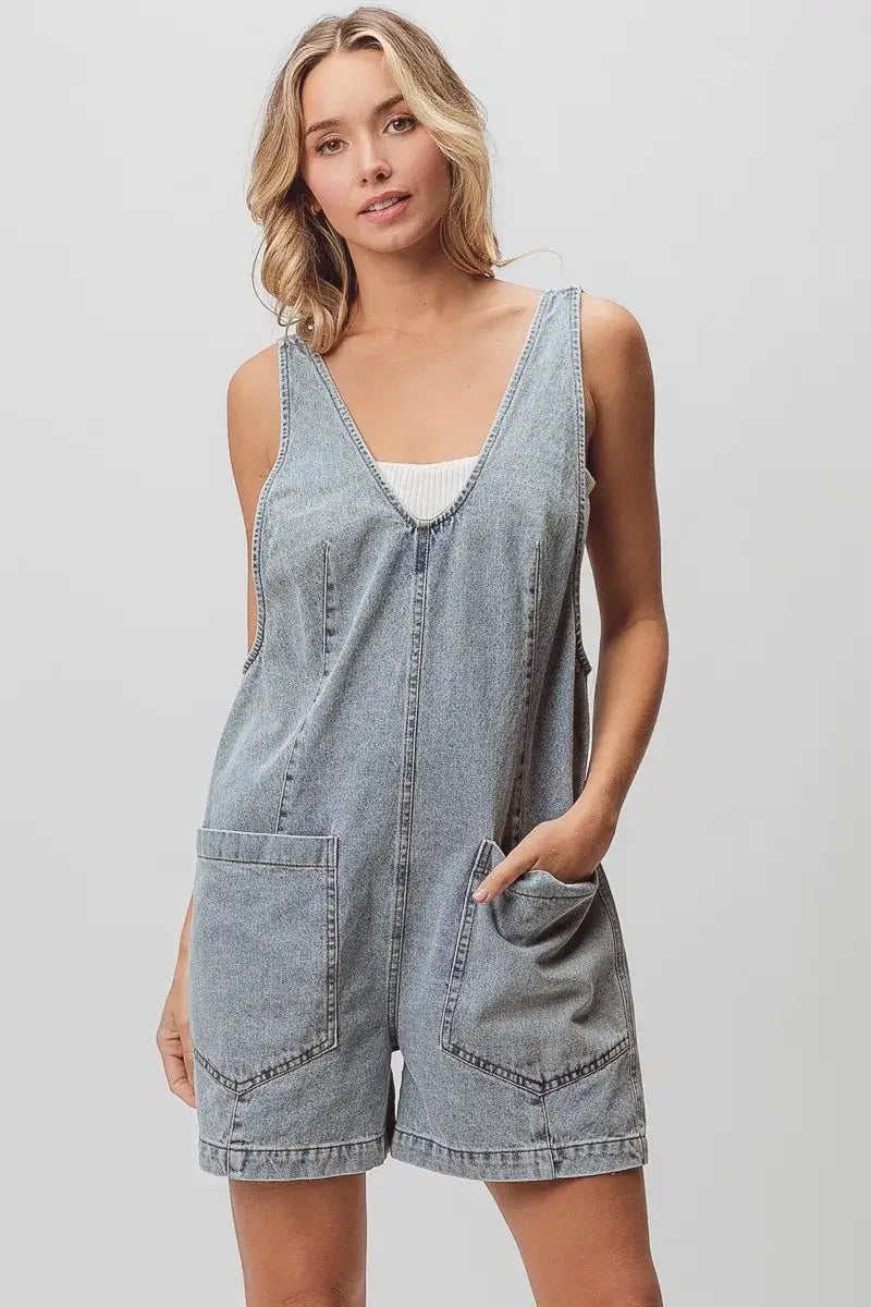 BiBi Patch Vintage Washed Denim Shortall