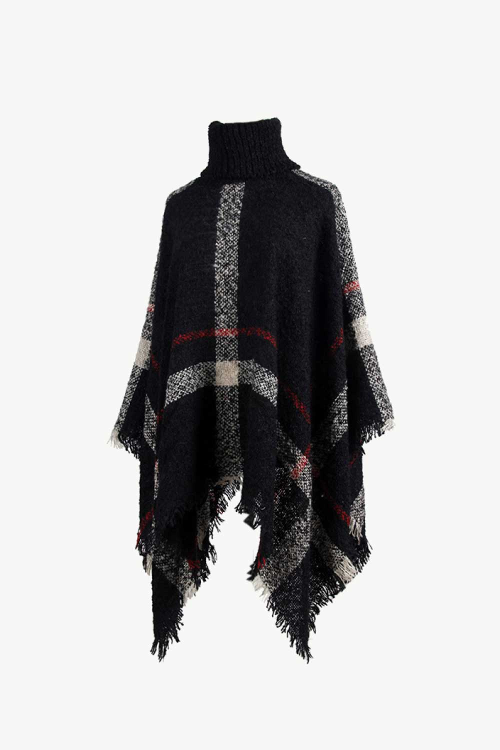 Plaid Turtleneck Raw Hem Poncho - felvior