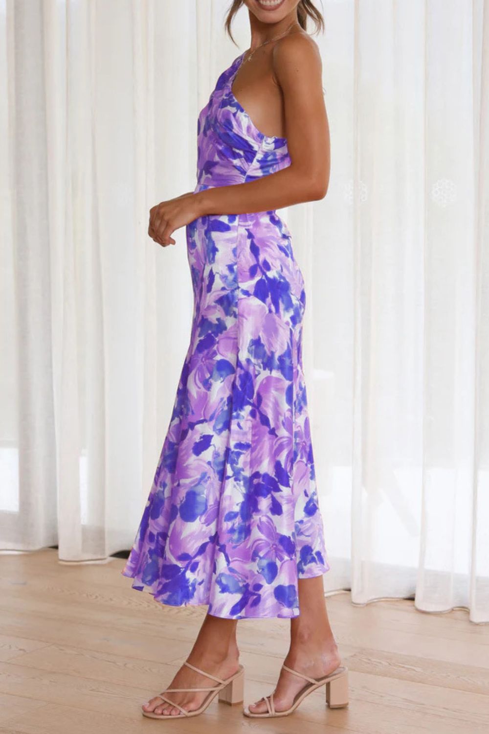 Ruched Printed Single Shoulder Midi Dress - felvior