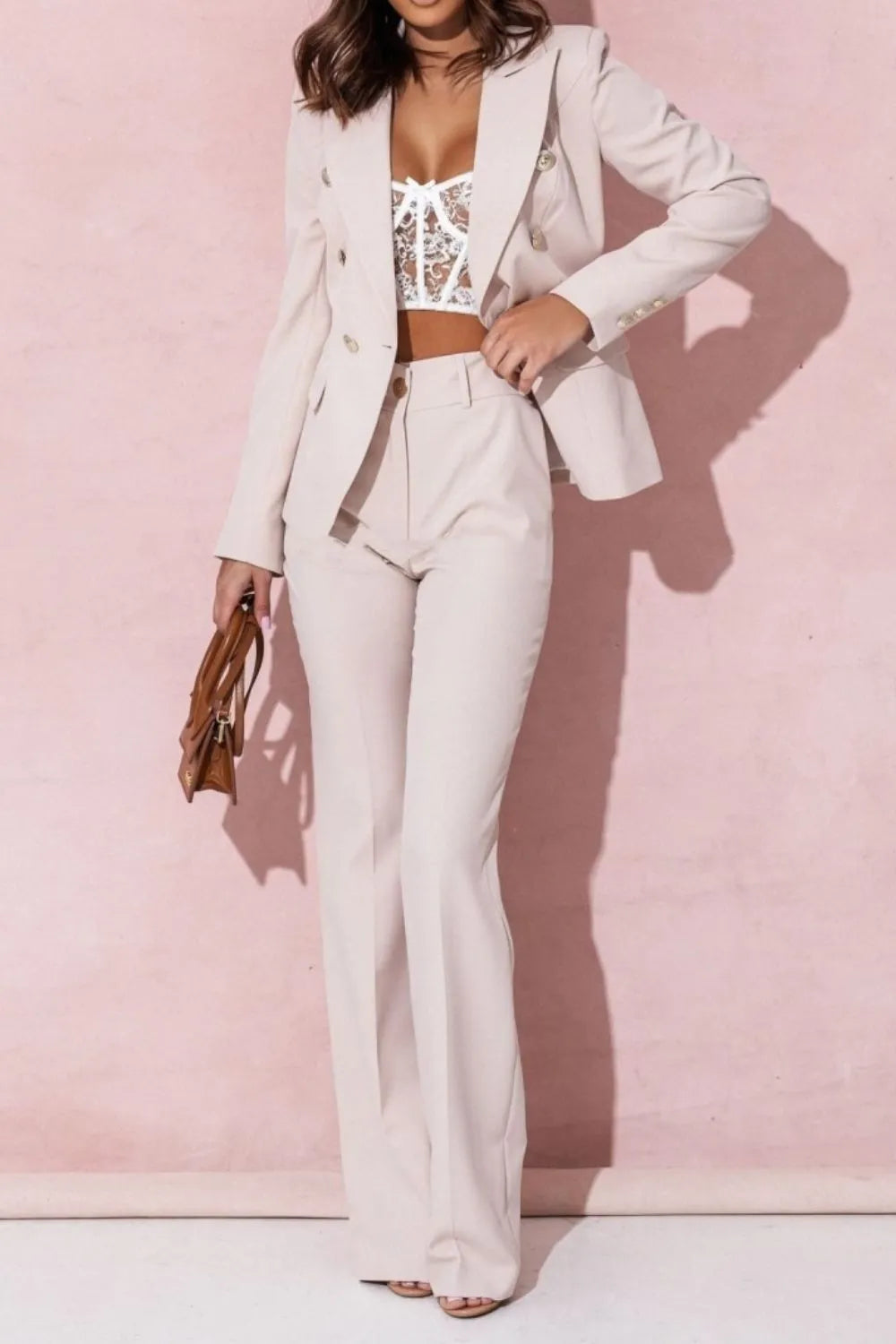 Full Size Lapel Collar Long Sleeve Blazer and Pants Set Plus Size - felvior