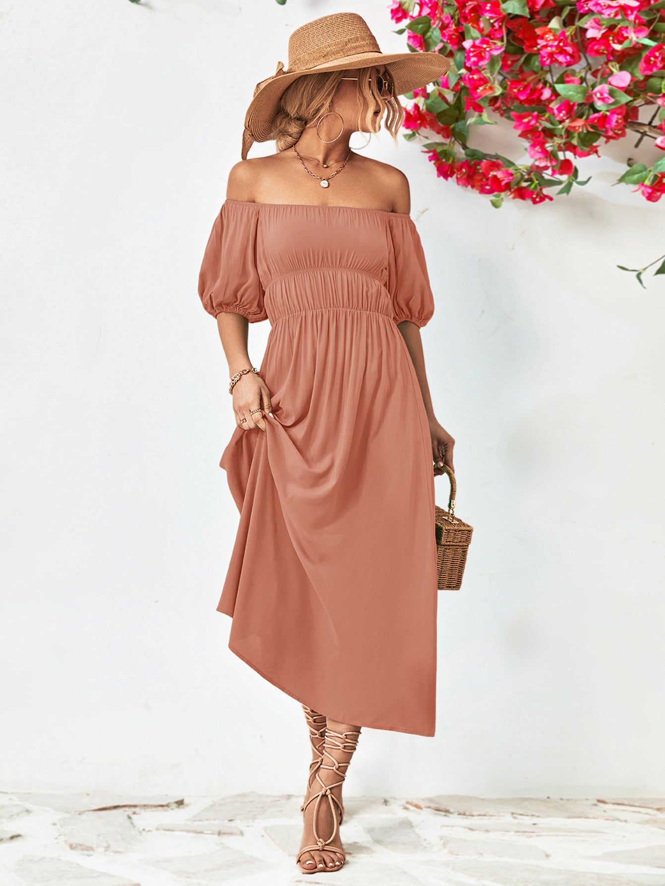 Off-Shoulder Balloon Sleeve Midi Dress - felvior
