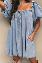 Bubble Sleeve Square Neck Denim Babydoll Dress
