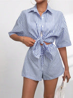 Striped Button Up Shirt and Shorts Set
