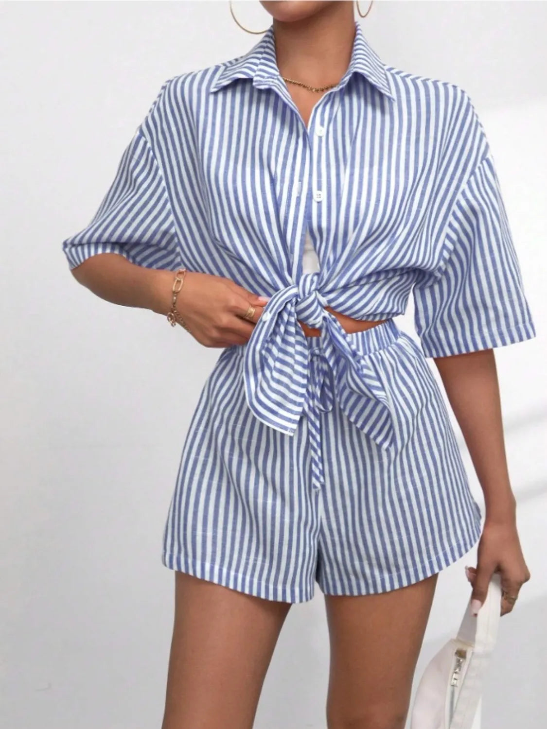 Striped Button Up Shirt and Shorts Set