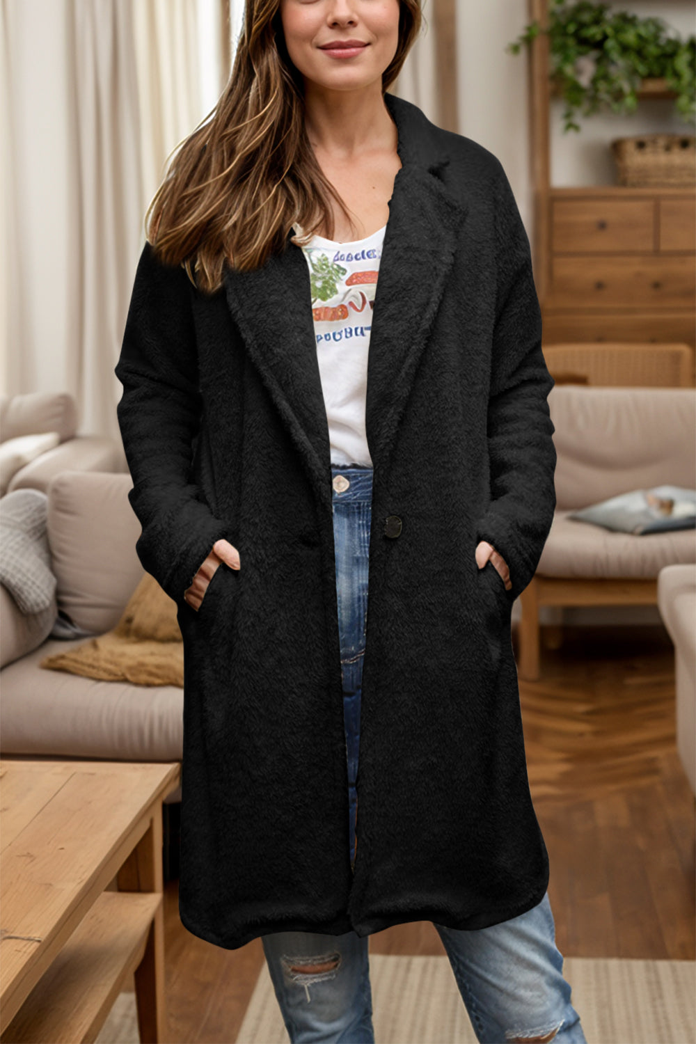 Full Size One Button Long Sleeve Longline Plush Coat - felvior